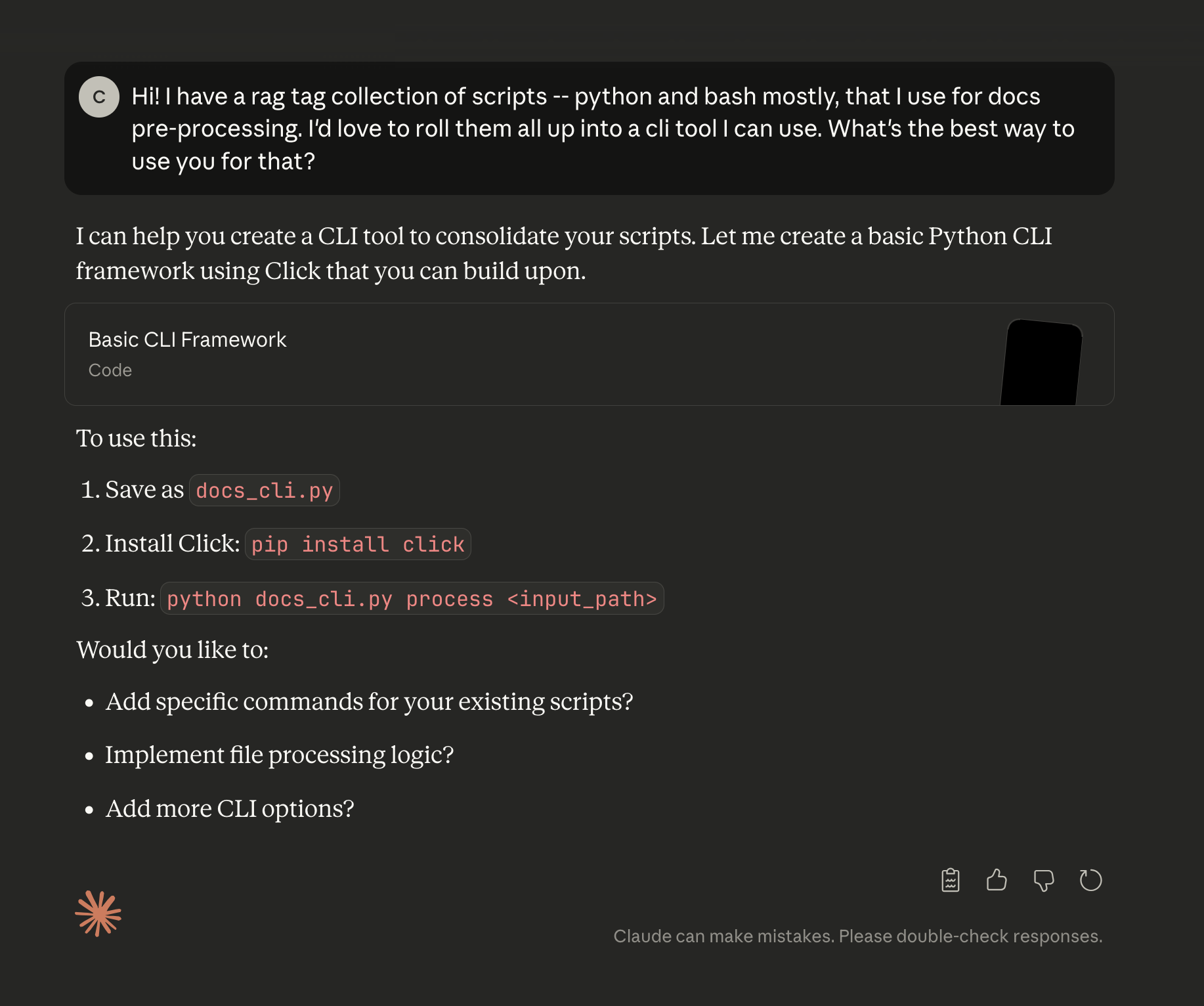 Screenshot of a conversation in Claude.ai where I explain I have a collection of scripts I want to bundle